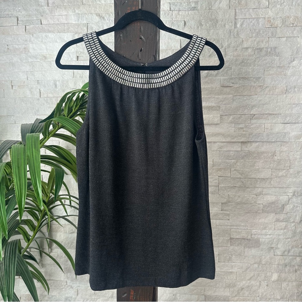 ST. JOHN Charcoal Grey Melange Wool Blend Sleeveless Blouse Shell Size L New